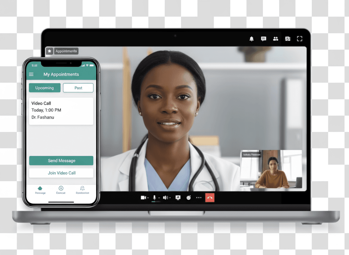 Telemedicine video call with doctor and patient